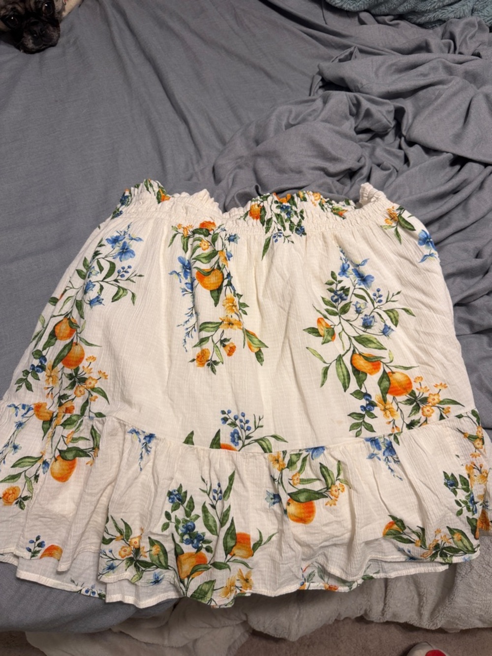Time and Tru Floral Tiered Skirt with Orange & Blue Fruit Print